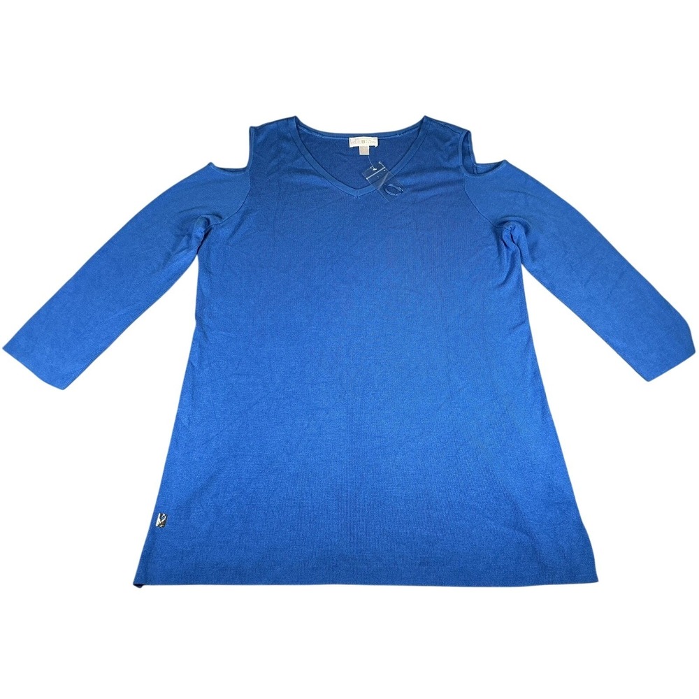 Belle by Kim Gravel Womens Med Blue Cold‎ Shoulder Knit Tunic Top